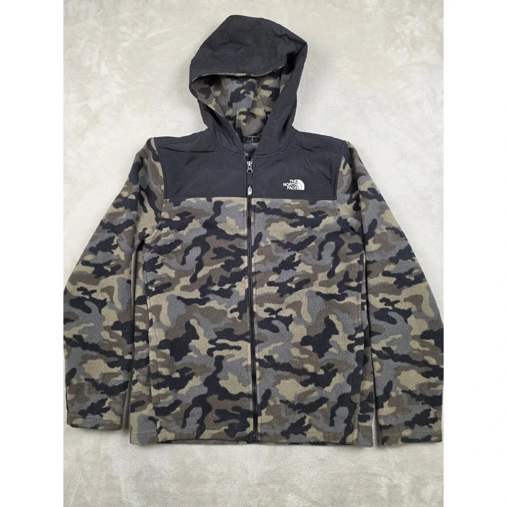 The North Face Fleece Hoodie Kids XL Green Camo Full Zip Camouflage Jacket *Read